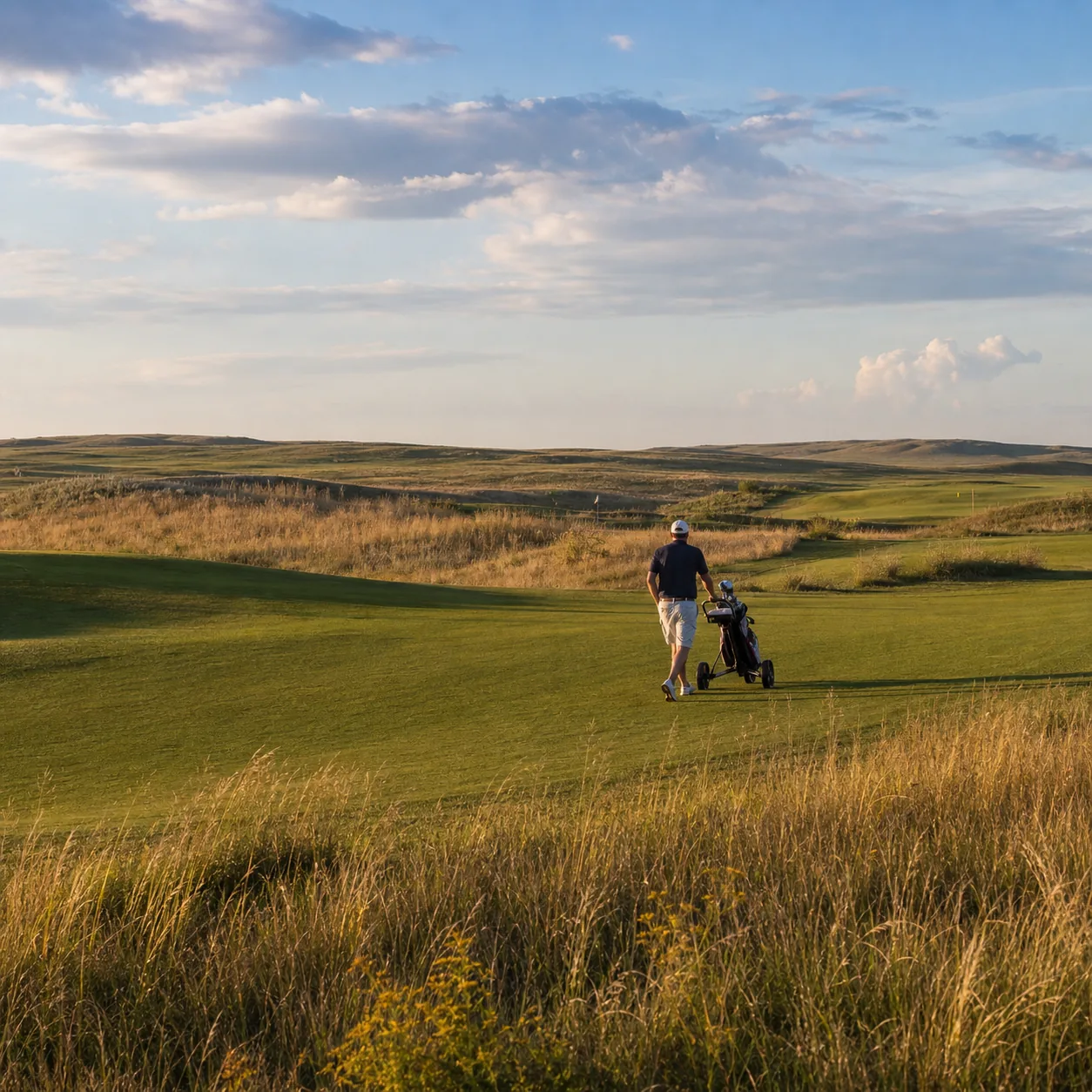 Realistic editorial photo of a wide prairie golf fairway in Nebraska with golden native grasses, low rolling dunes, open
