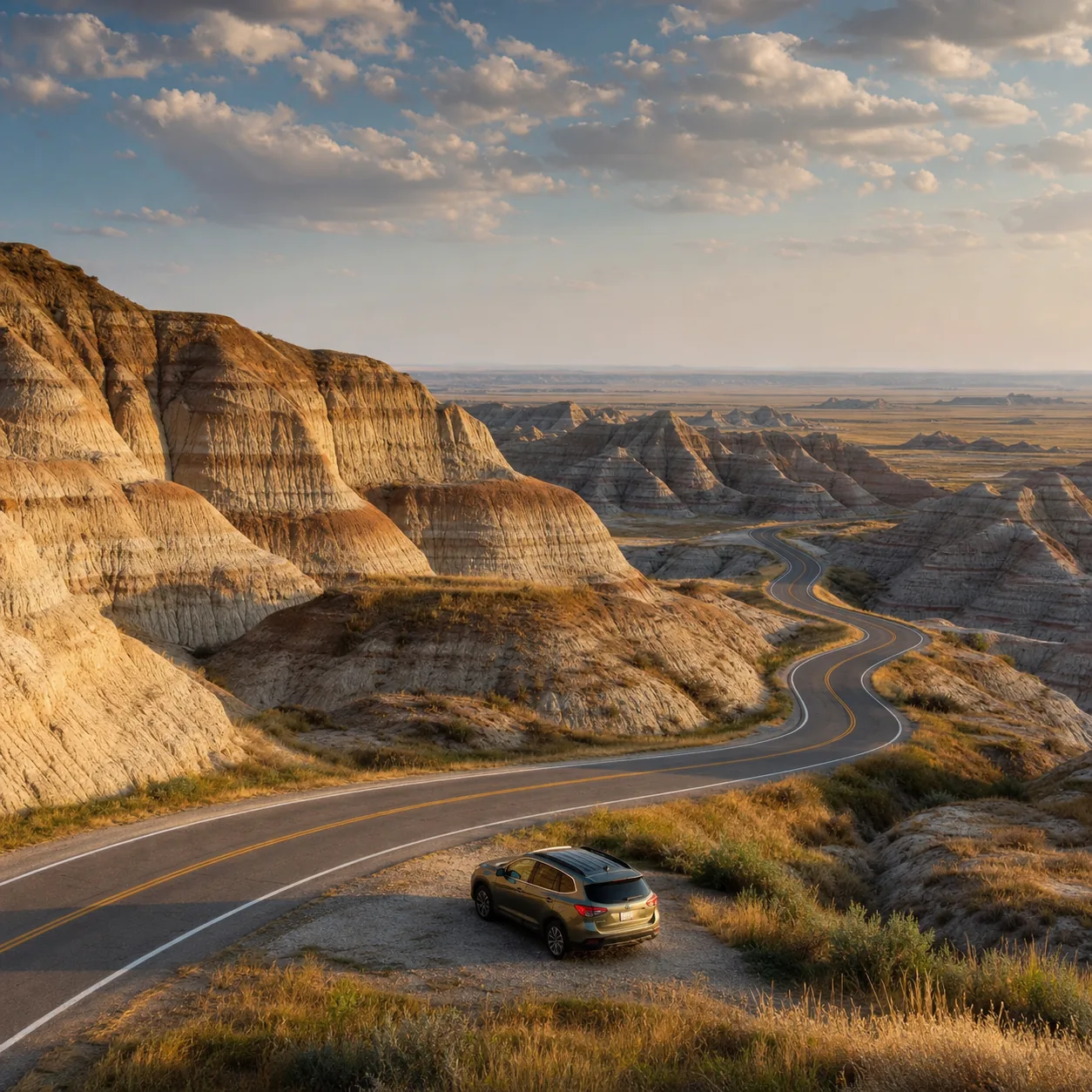 Realistic editorial photo of a winding road through striped Badlands rock formations with a parked road trip car at a sc