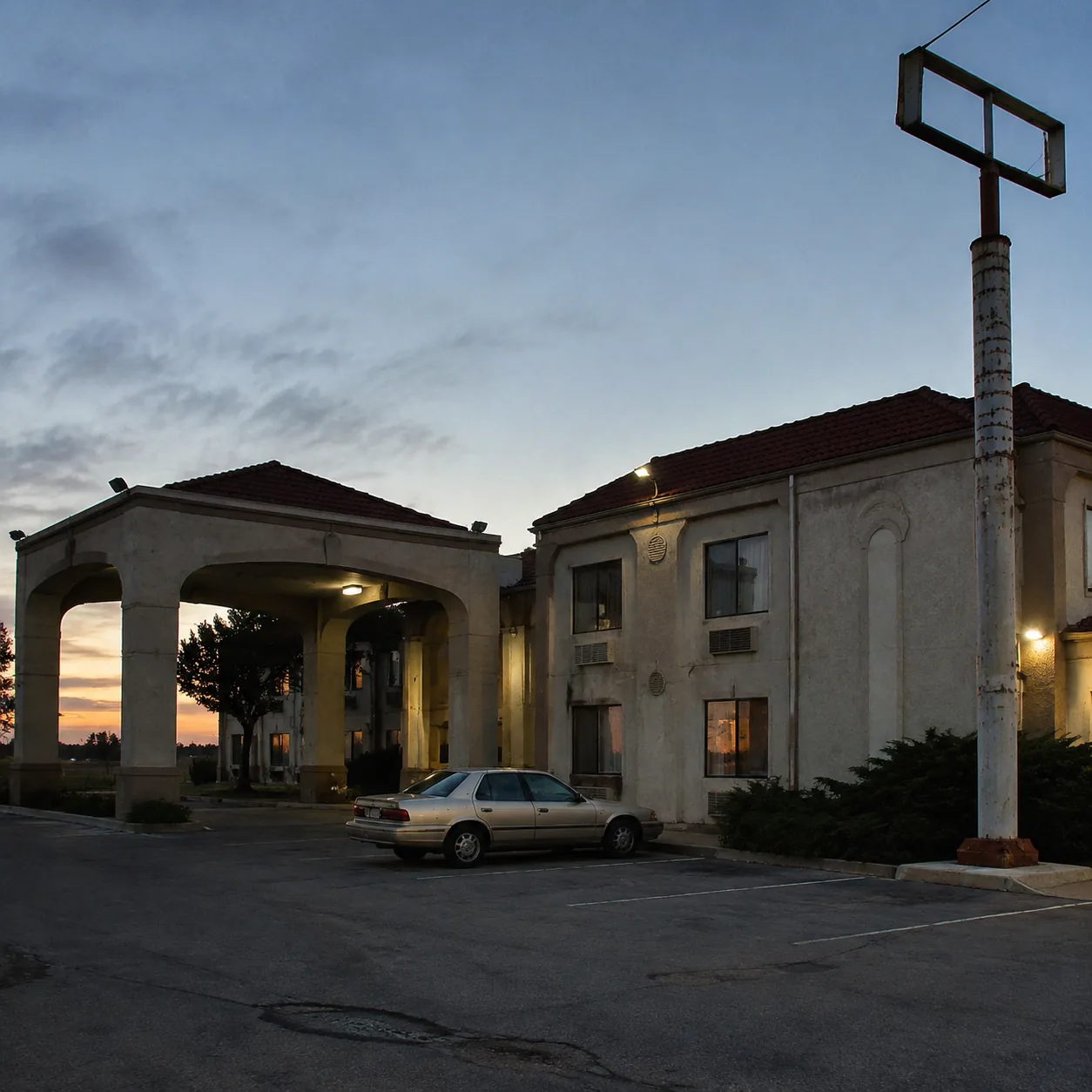 Aging roadside hotel exterior at dusk, faded beige stucco, half-lit parking lot with an older sedan, tired 1990s archite
