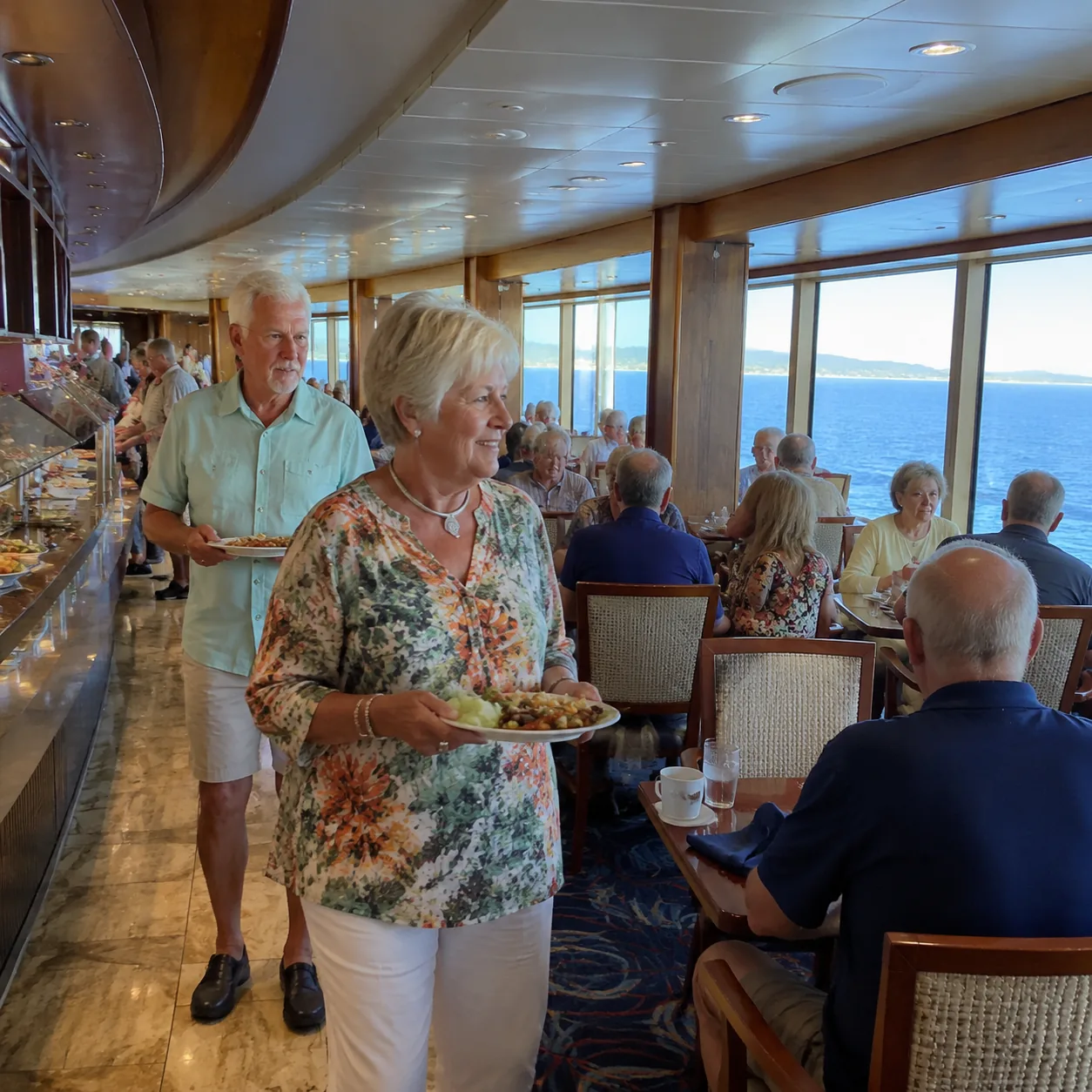 Cruise ship buffet seating area with mature travelers carrying plates through a busy dining space, ocean visible through