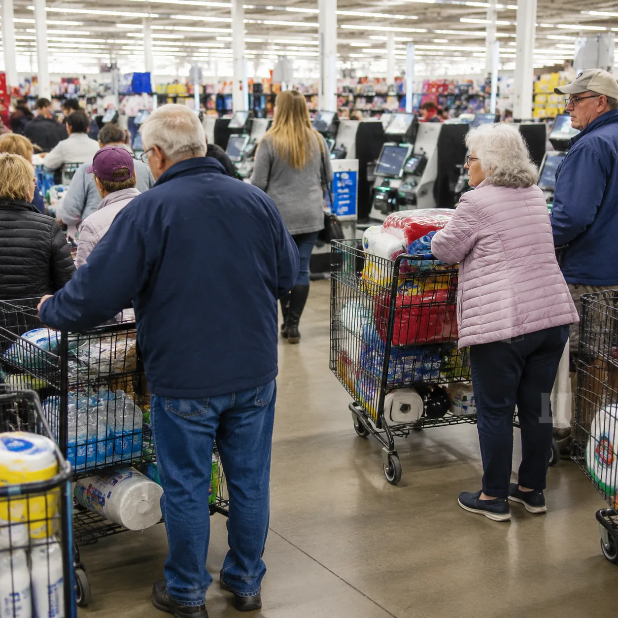 Large discount store checkout area with older shoppers waiting beside full carts, self-checkout lanes in the background