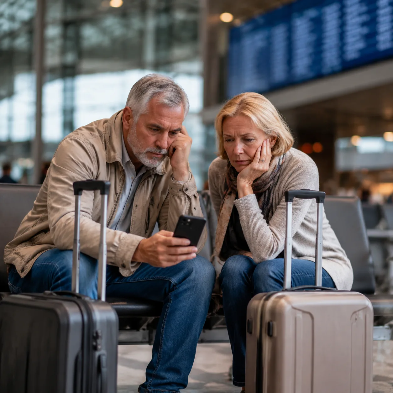 Older couple sitting in a modern international airport terminal with luggage, looking tired while checking a phone near 