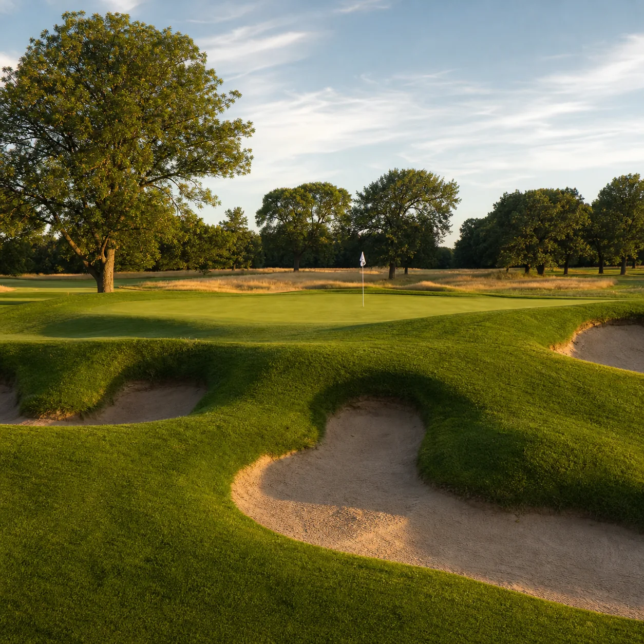 Realistic editorial photo of a classic Wisconsin links-style golf course with raised green, deep bunkers, short grass, m