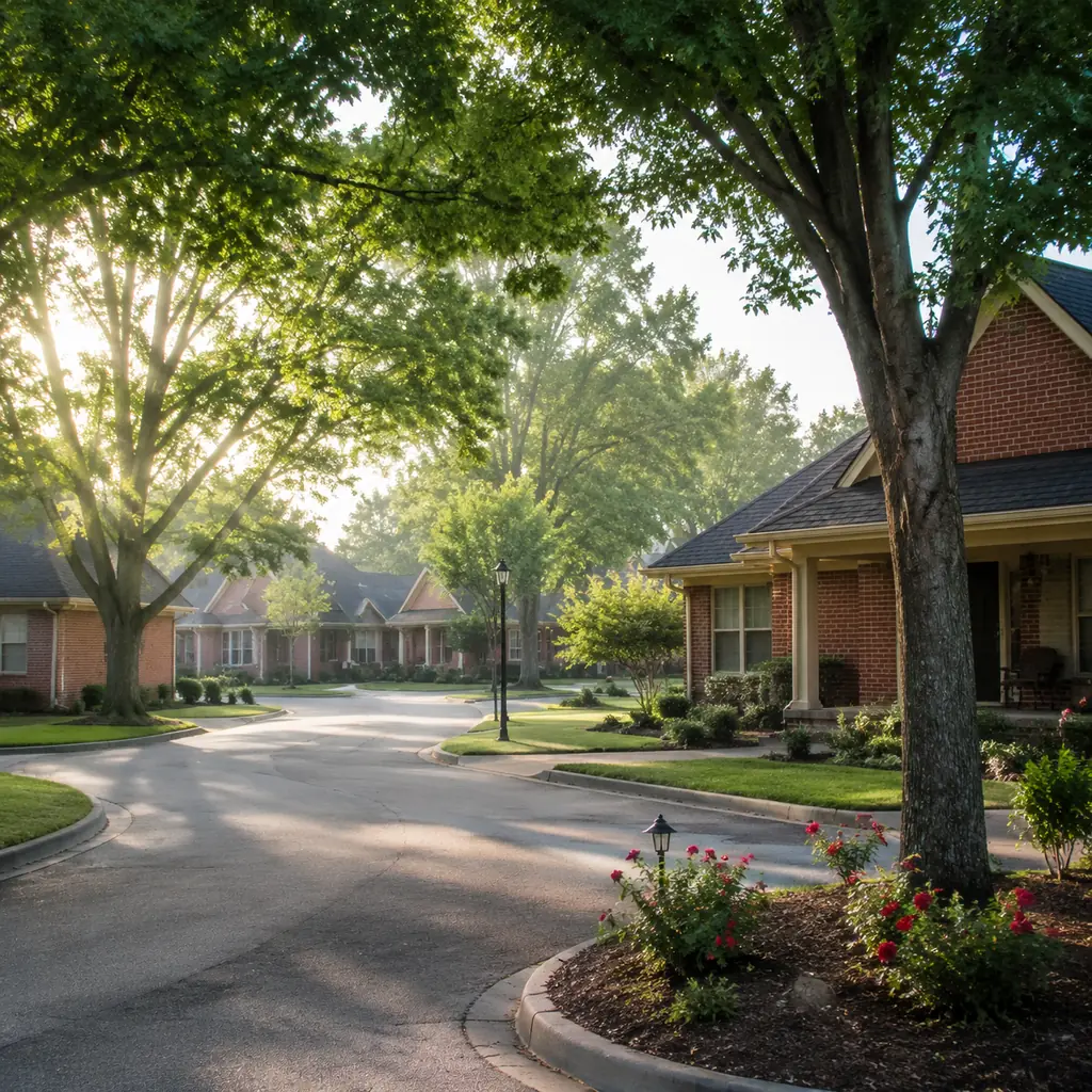 Realistic editorial photo of a sprawling Ohio retirement campus with brick cottages, mature shade trees, quiet internal 