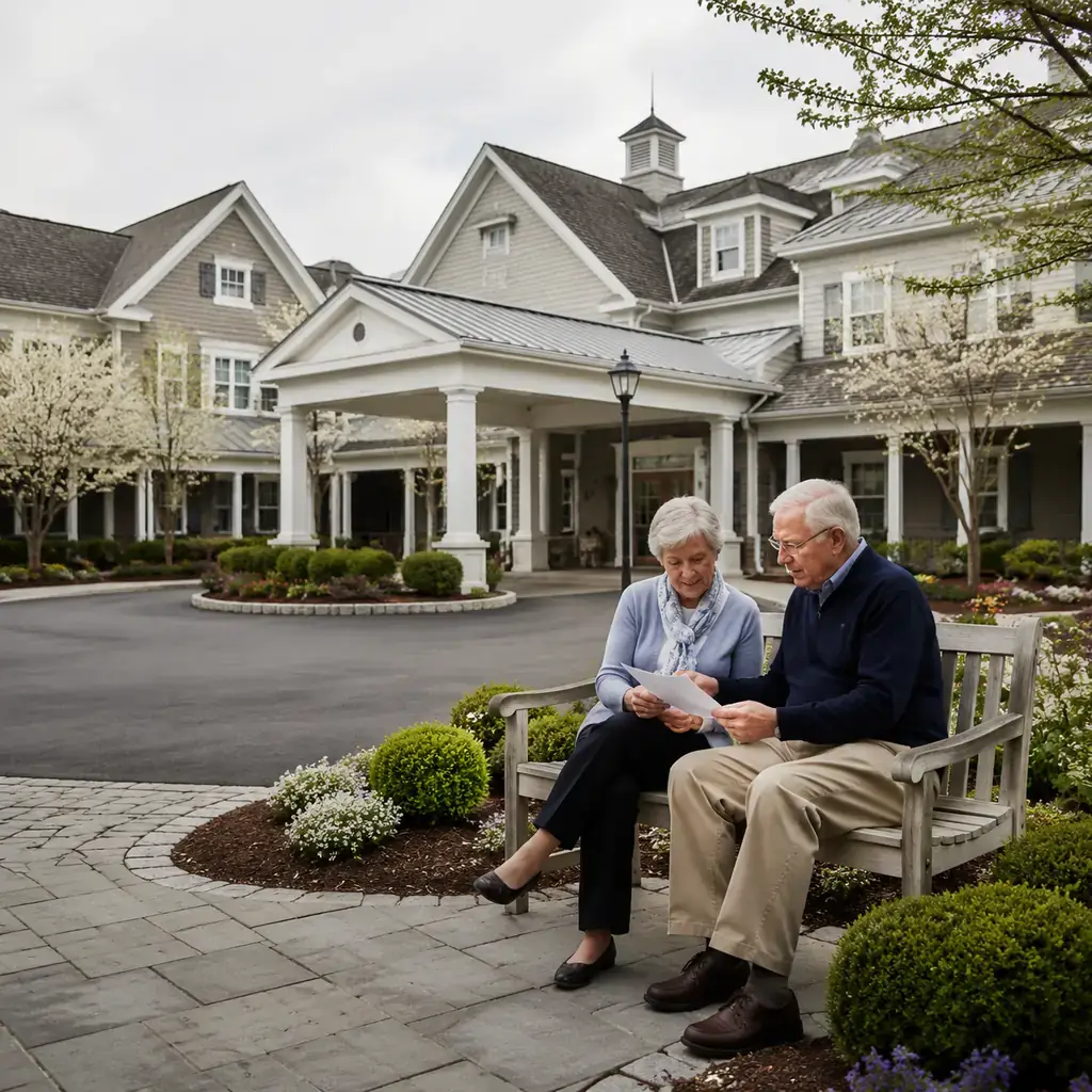 Realistic editorial photo of an upscale New England retirement community building with white trim and a circular drivewa