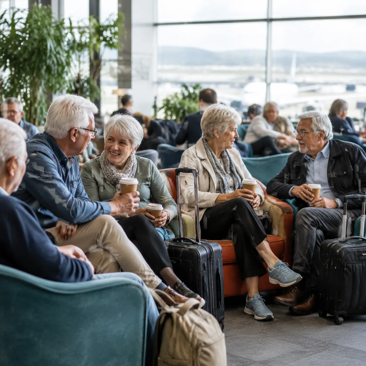 Bright airport lounge seating area with colorful chairs, older travelers sitting close together with coffee cups and car