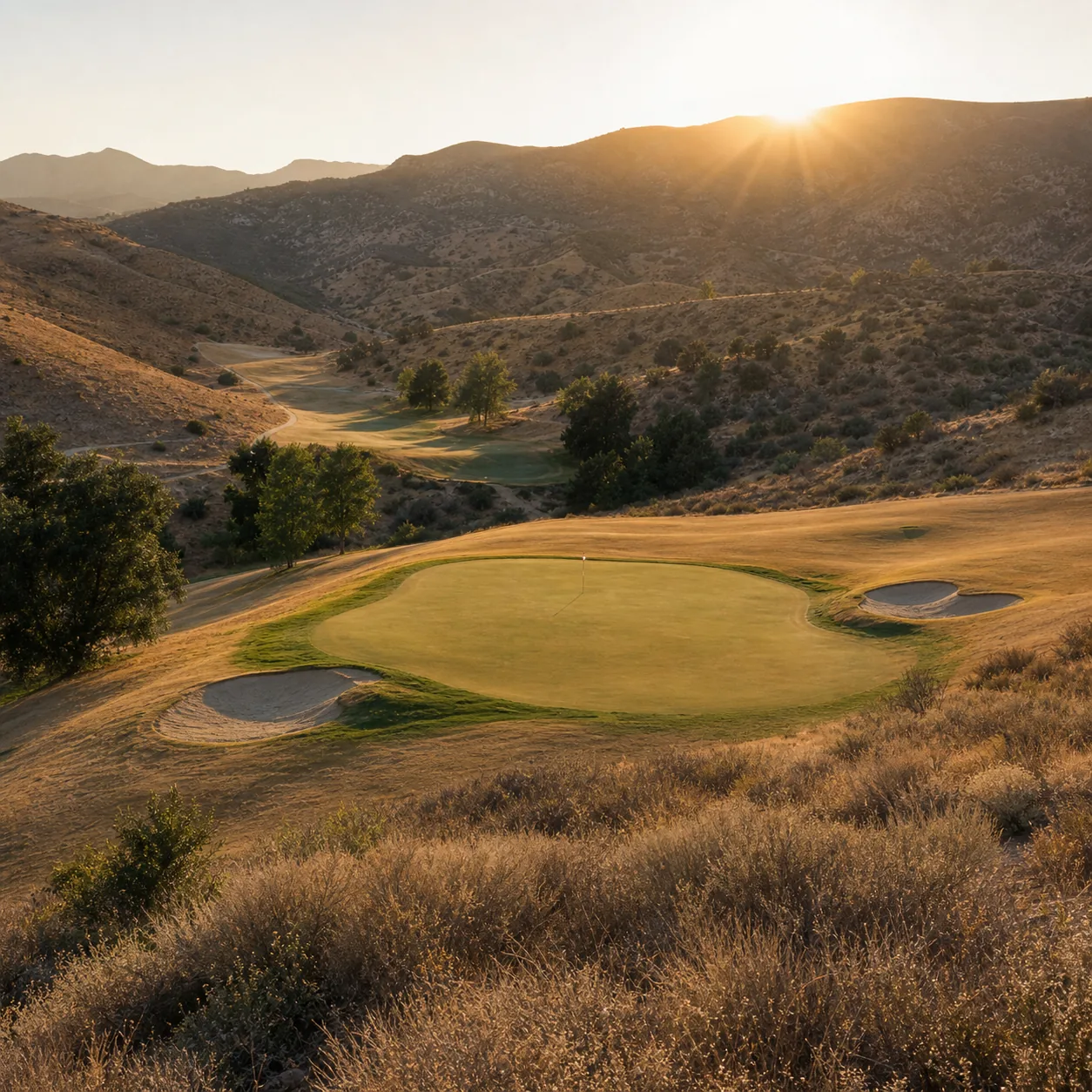 Realistic editorial photo of a dry Southern California canyon golf course with firm tan fairways, scrubby hills, simple