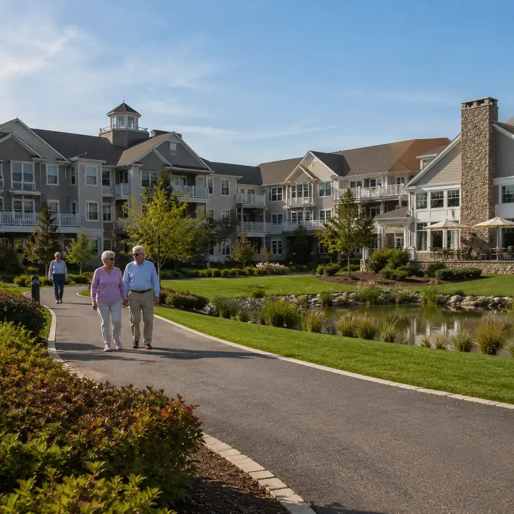 Realistic editorial photo of a large modern retirement community campus with connected mid-rise residential buildings an