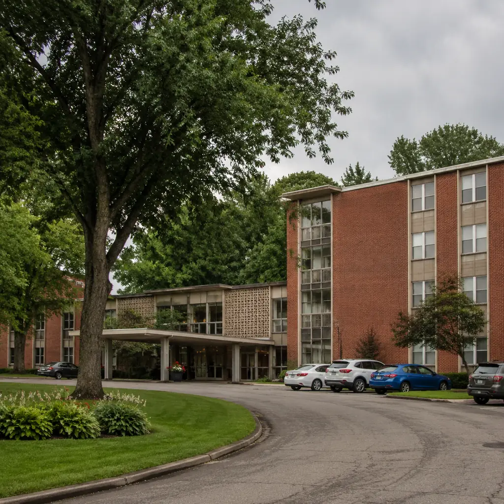 Realistic editorial photo of an established Cincinnati area retirement community with mid-century buildings, mature tree