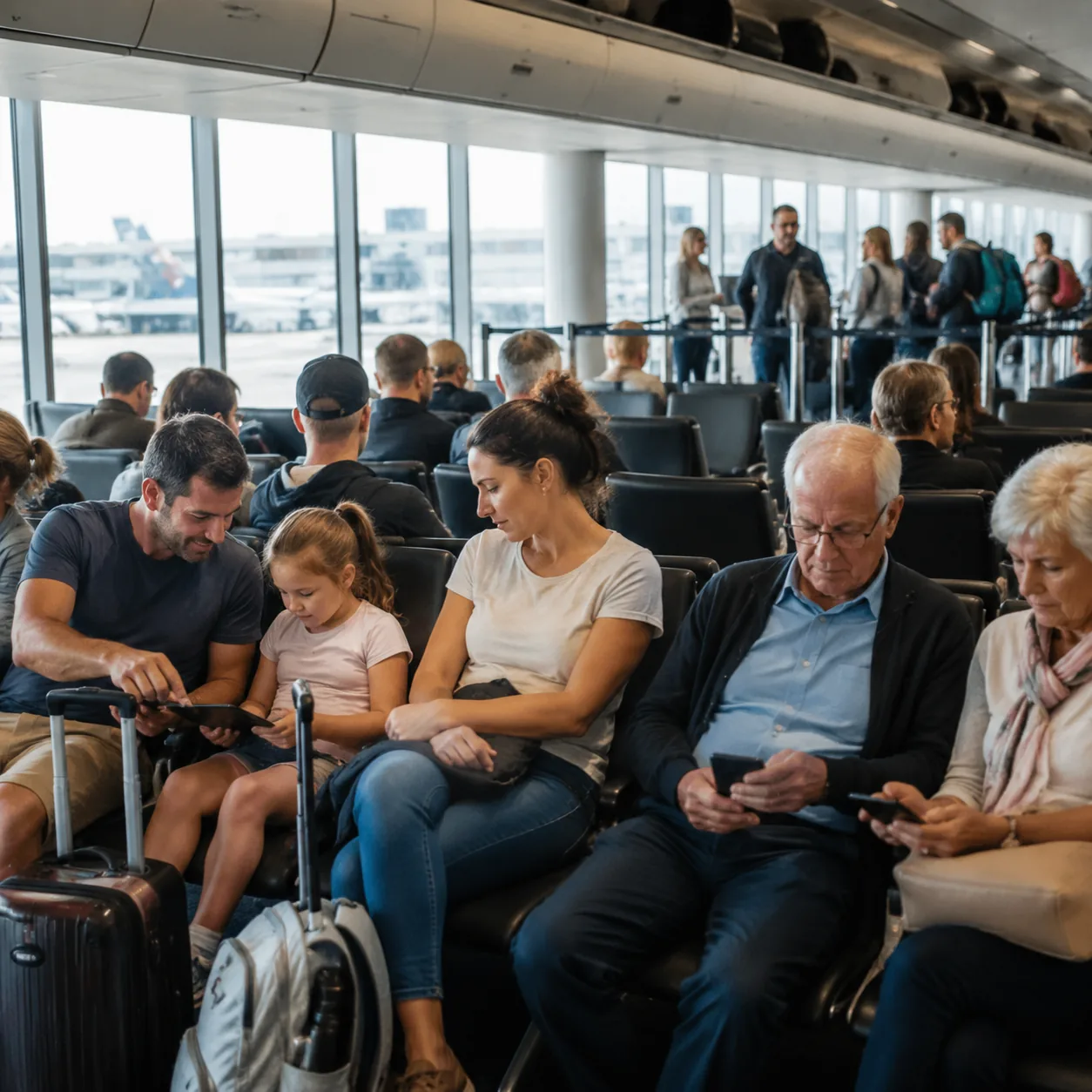 Airport gate waiting area with families and older travelers sitting close together, overhead bins and boarding lane visi