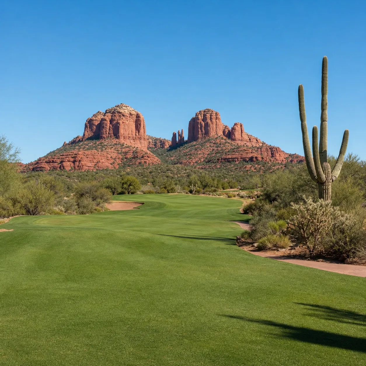 Realistic editorial photo of a desert public golf course in Phoenix with red sandstone buttes in the background, green f