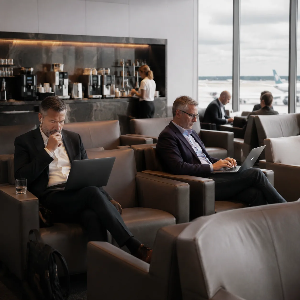 European airport lounge with rows of simple chairs, mature business travelers working on laptops, coffee station in back