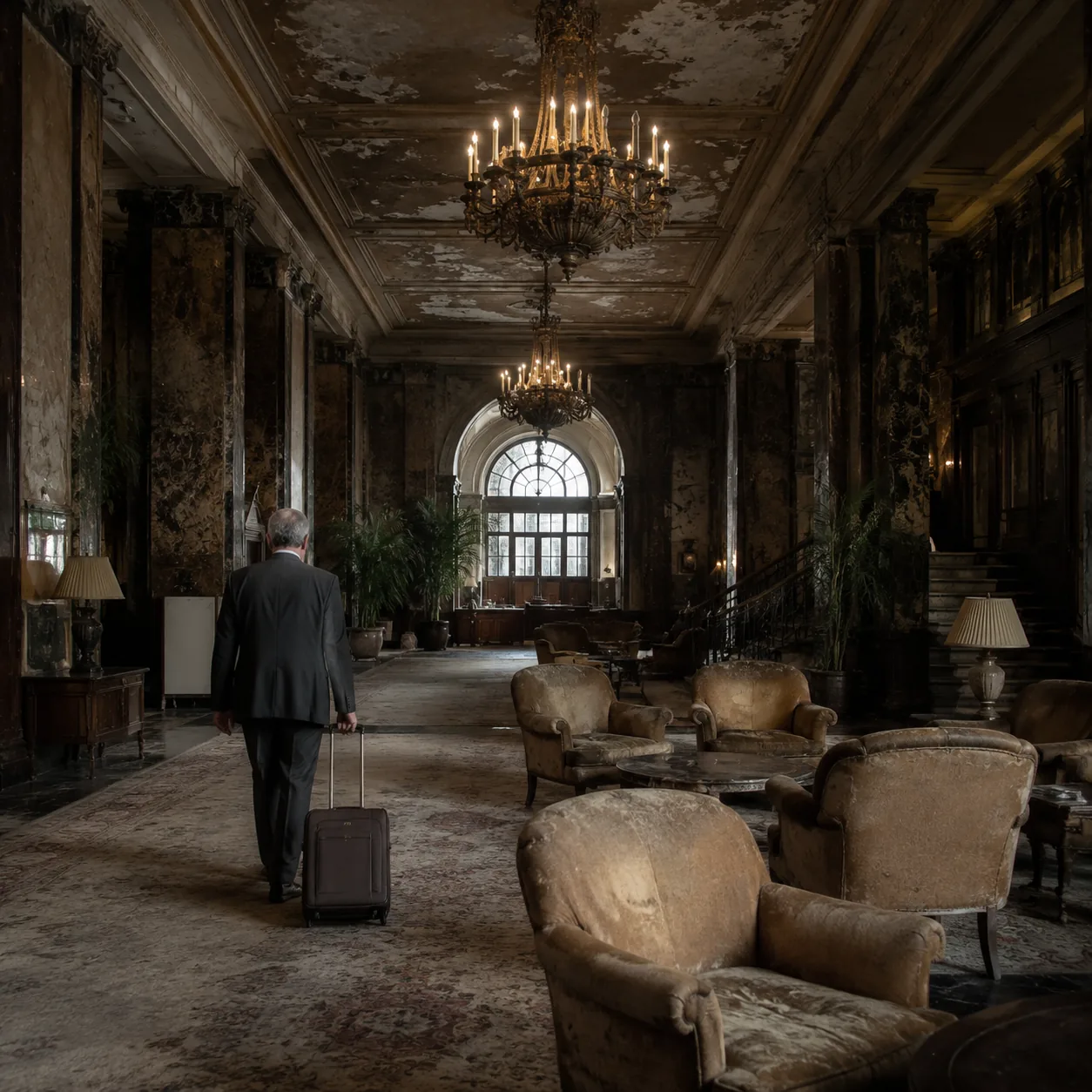 Once-grand hotel lobby now quiet and dated, empty seating area with worn armchairs, dim chandeliers, older American busi