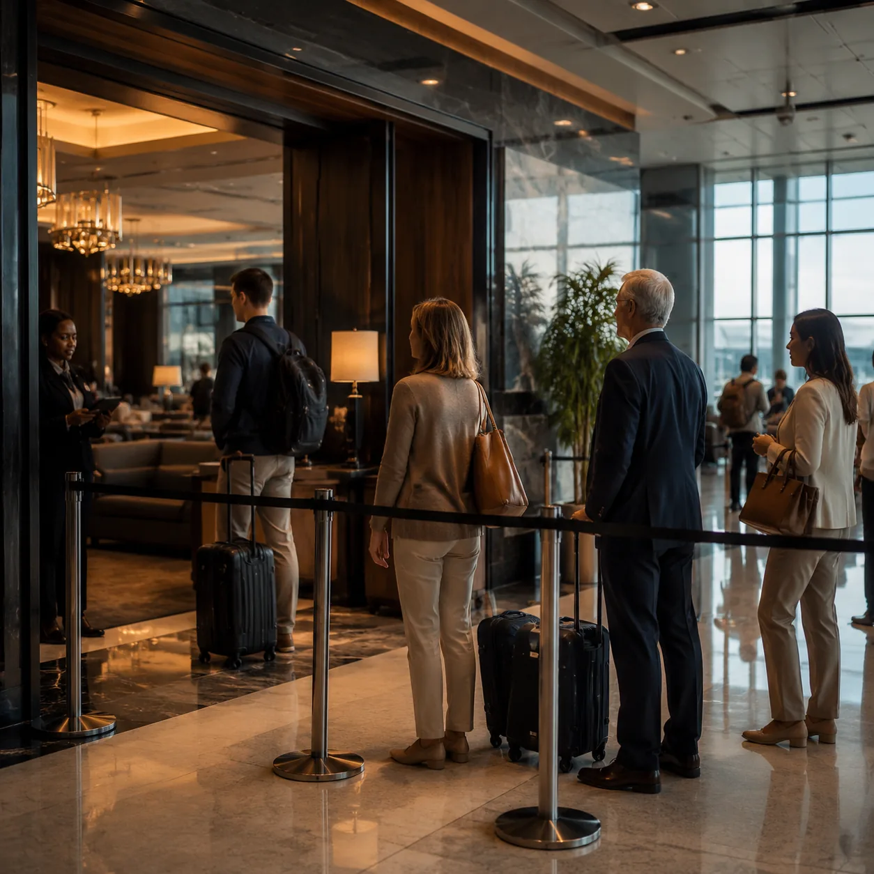 Premium airport lounge entrance area with travelers waiting outside a rope line, polished floors, carry-on bags