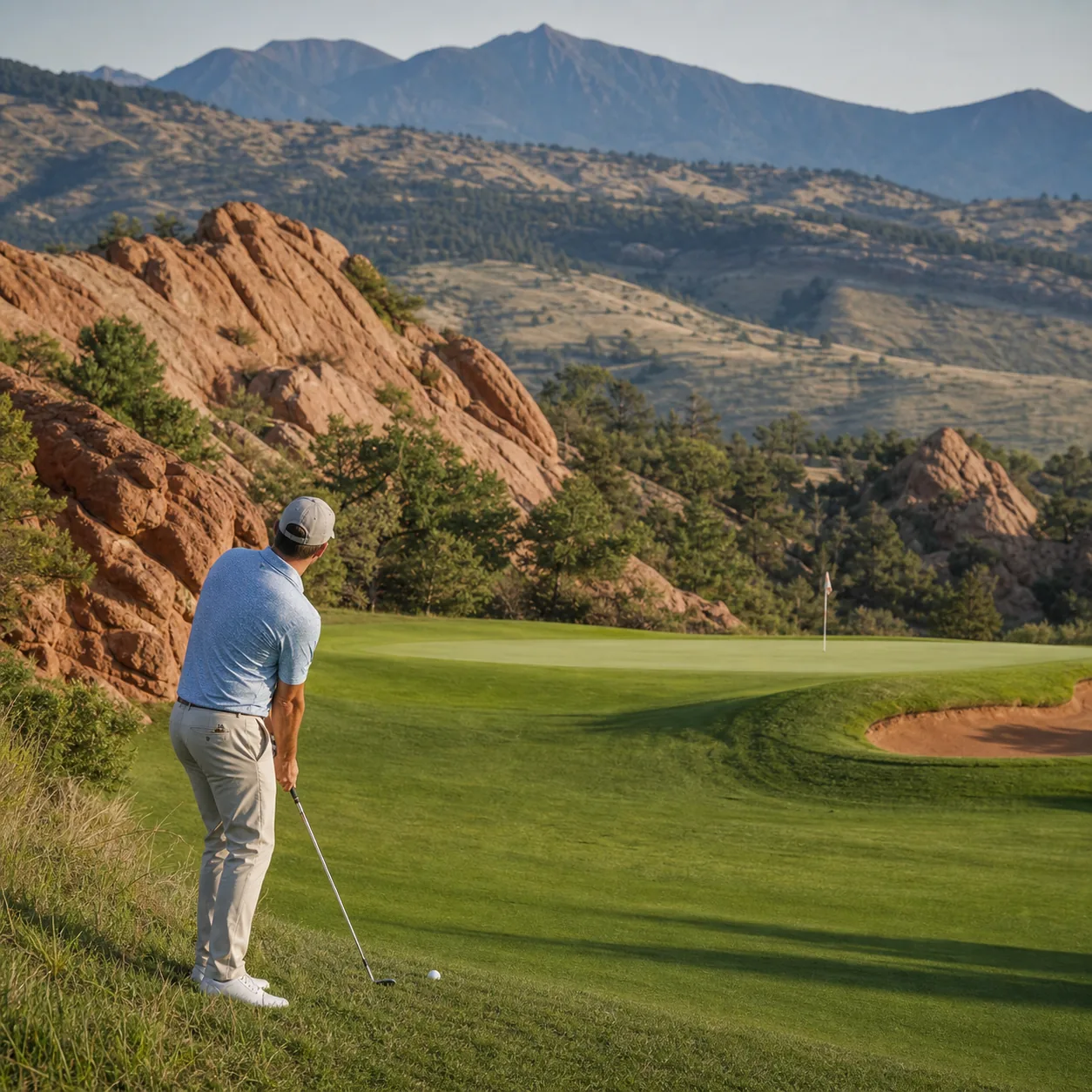 Realistic editorial photo of a Colorado foothills golf hole with sandstone outcrops, green fairway, mountain backdrop, a