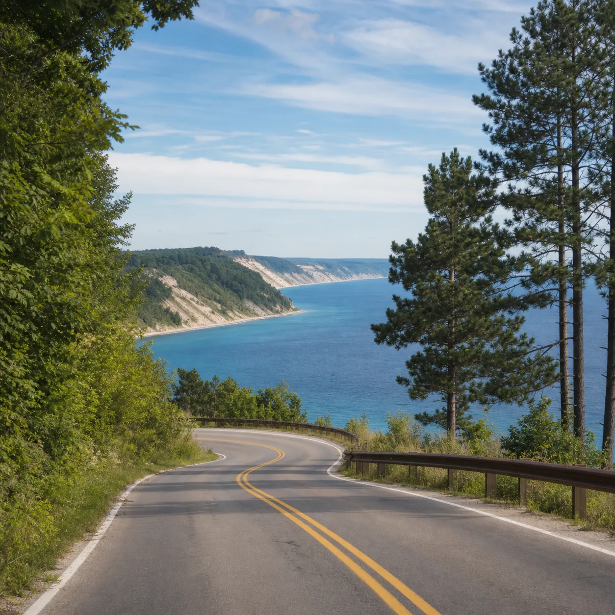 Realistic editorial photo of a two-lane Michigan road near dunes and blue lake water with pine trees, a scenic overlook