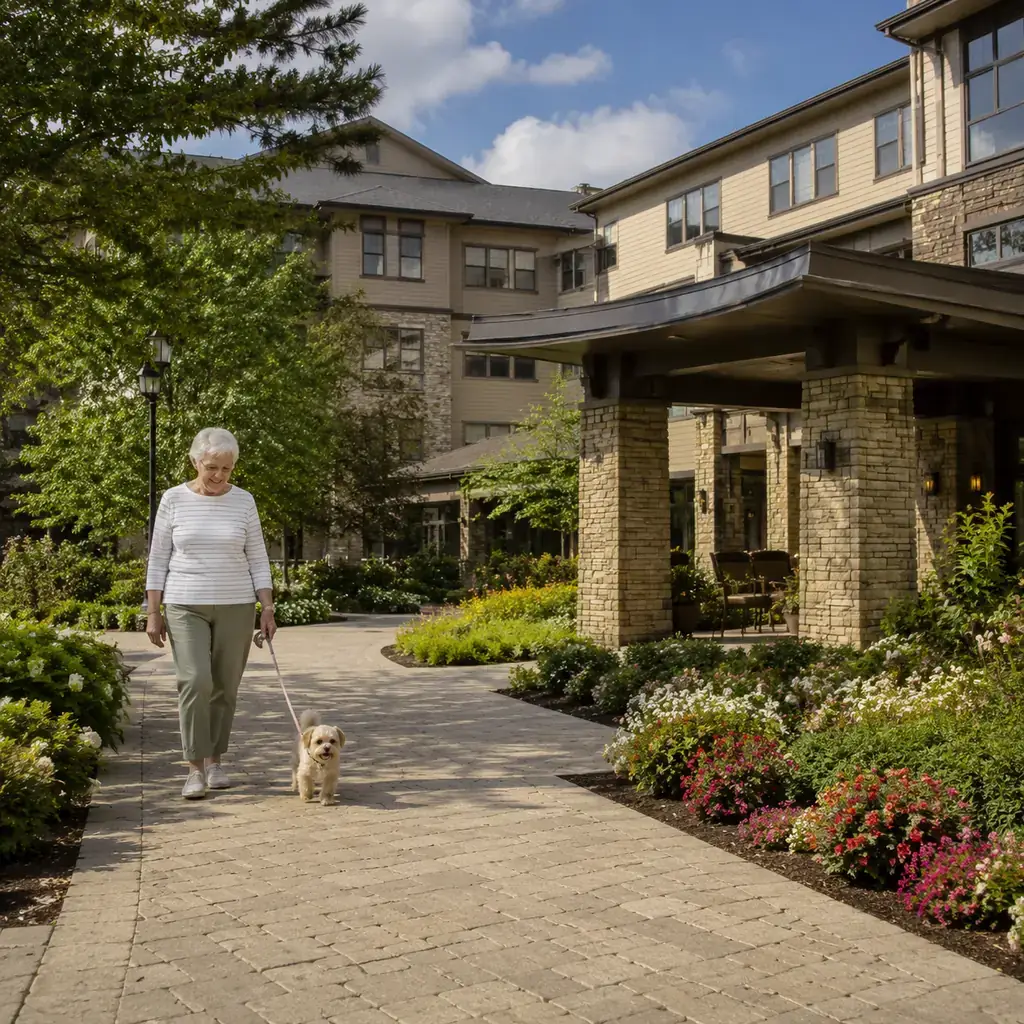 Realistic editorial photo of an established Massachusetts continuing care retirement community with mature landscaping a
