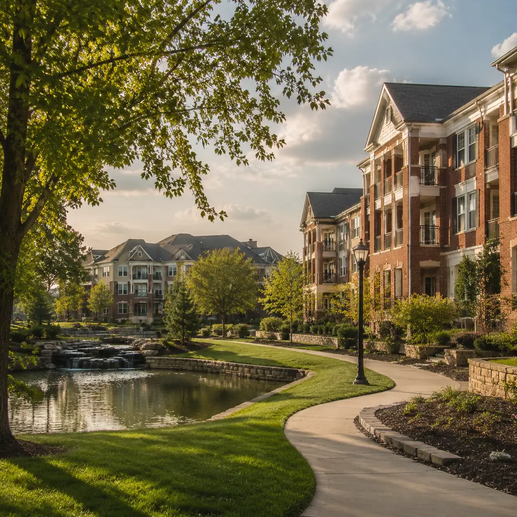 Realistic editorial photo of an upscale Ohio retirement community with landscaped ponds, brick apartment buildings, and 