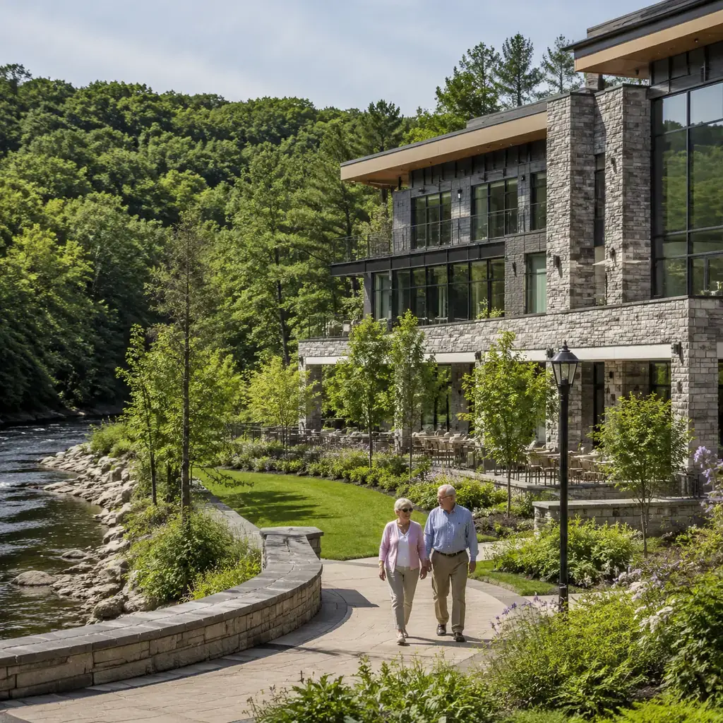 Realistic editorial photo of a high-end modern retirement campus with stone and glass architecture beside woods along a 