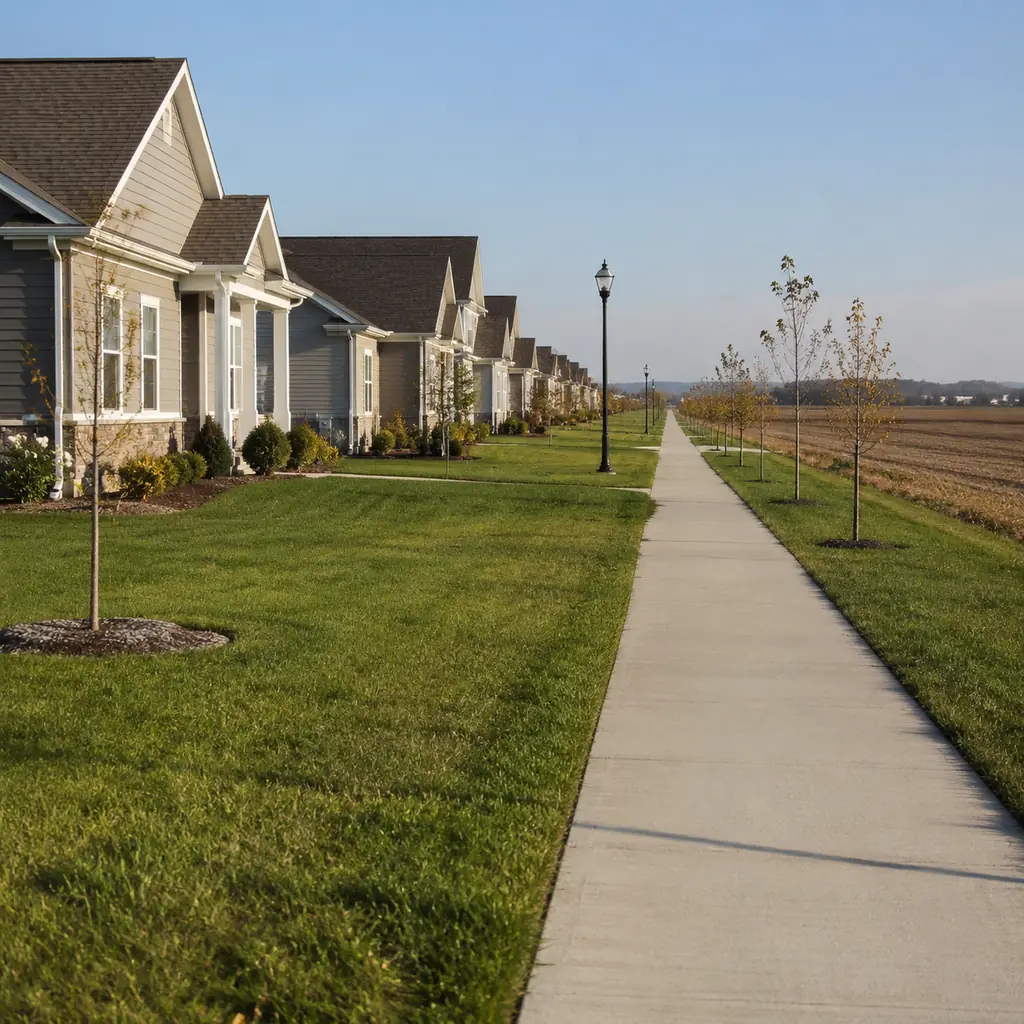 Realistic editorial photo of a newer far exurban retirement neighborhood with young trees, vinyl sided ranch homes and l