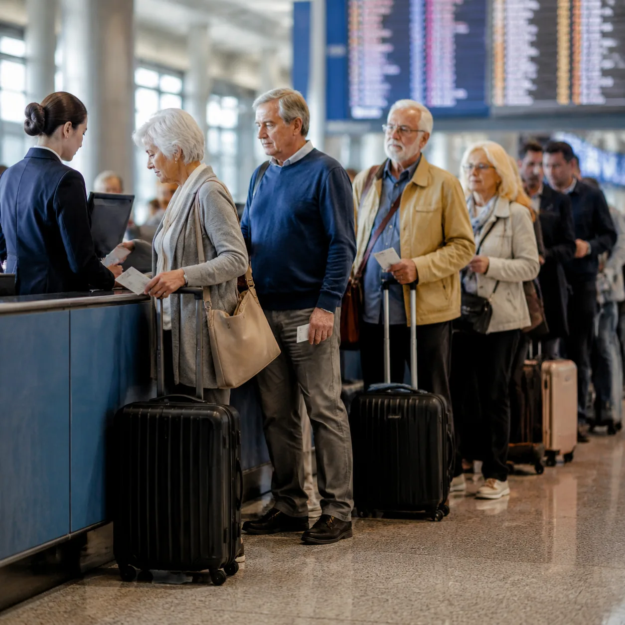 Airport customer service desk with a long line of mature travelers holding boarding passes and carry-on bags, flight boa