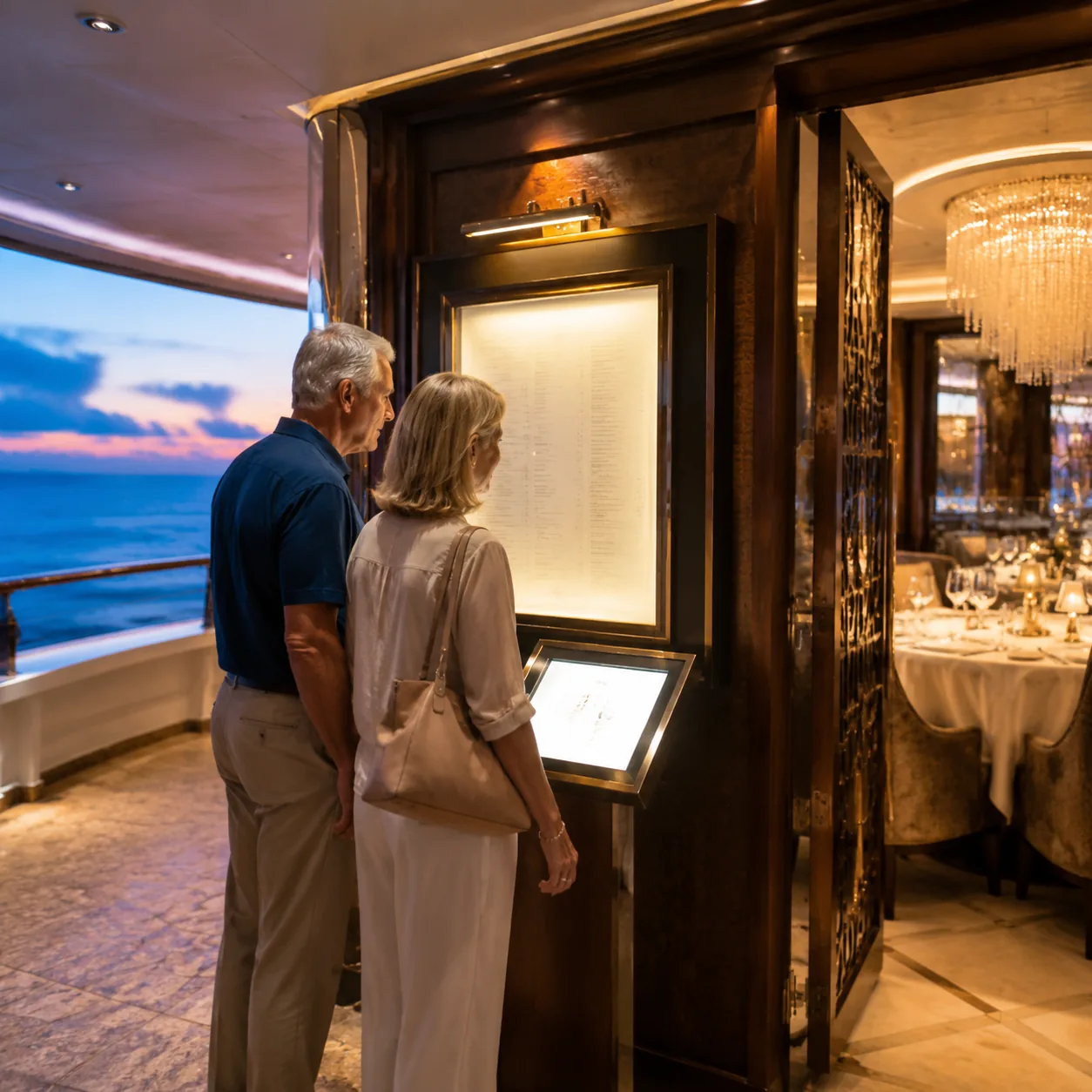Cruise ship specialty restaurant entrance with mature travelers studying a menu board and reservation screen, warm eveni