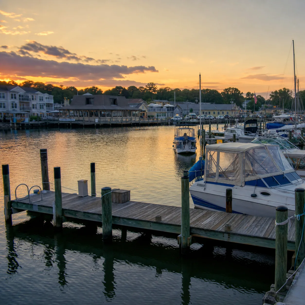 Realistic editorial photo of Solomons Maryland waterfront with small marina boats, wooden docks, calm Chesapeake Bay wat
