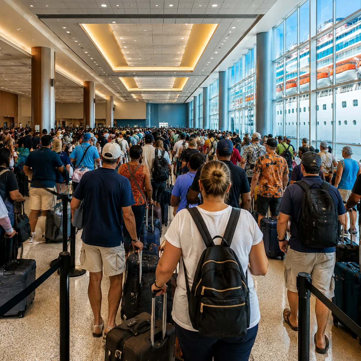 Large cruise ship terminal embarkation hall with long lines of passengers and luggage, bright overhead lighting