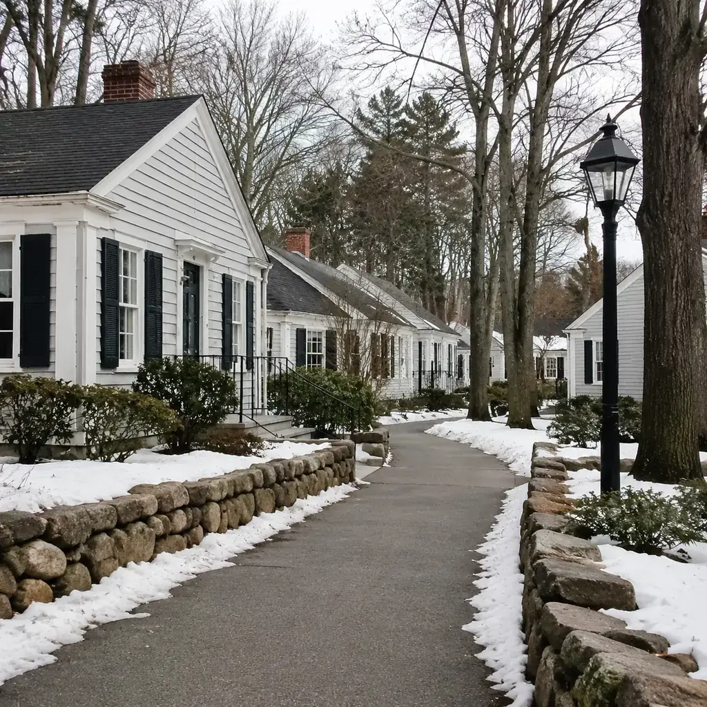 Realistic editorial photo of a classic New England retirement village with clapboard cottages and stone walls on a woode