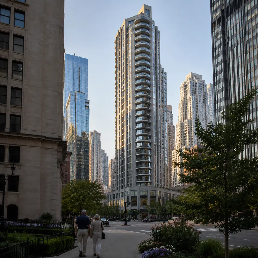 Realistic editorial photo of an elegant residential high-rise tower among downtown Chicago buildings viewed from street 
