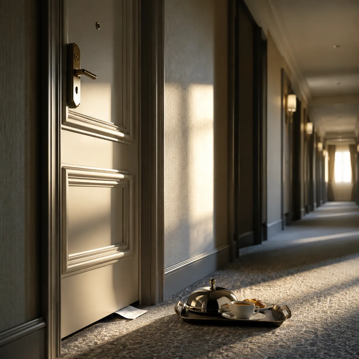 Upscale hotel room door with breakfast receipt tucked under it, room service tray on hallway floor with small coffee and