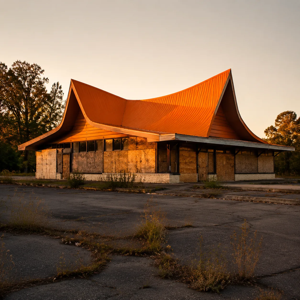 Abandoned mid-century American roadside restaurant with distinctive orange roof shape, boarded windows, empty cracked pa