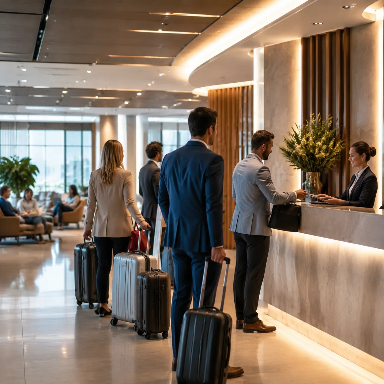 Busy premium airport lounge entrance with a small line of travelers, reception desk, rolling suitcases, polished interio