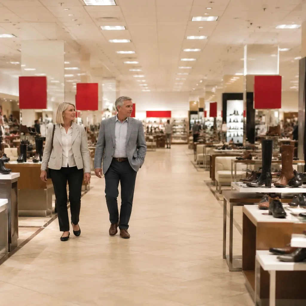 Quiet indoor shopping aisle with a mature shopper walking past sale racks, simple fluorescent lighting