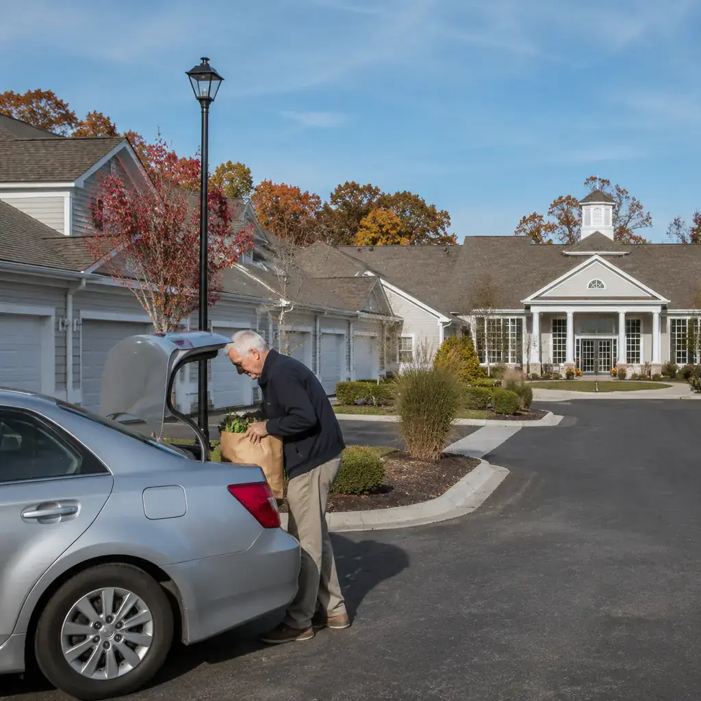 Realistic editorial photo of a suburban Massachusetts retirement community with attached townhouse-style homes and a cen