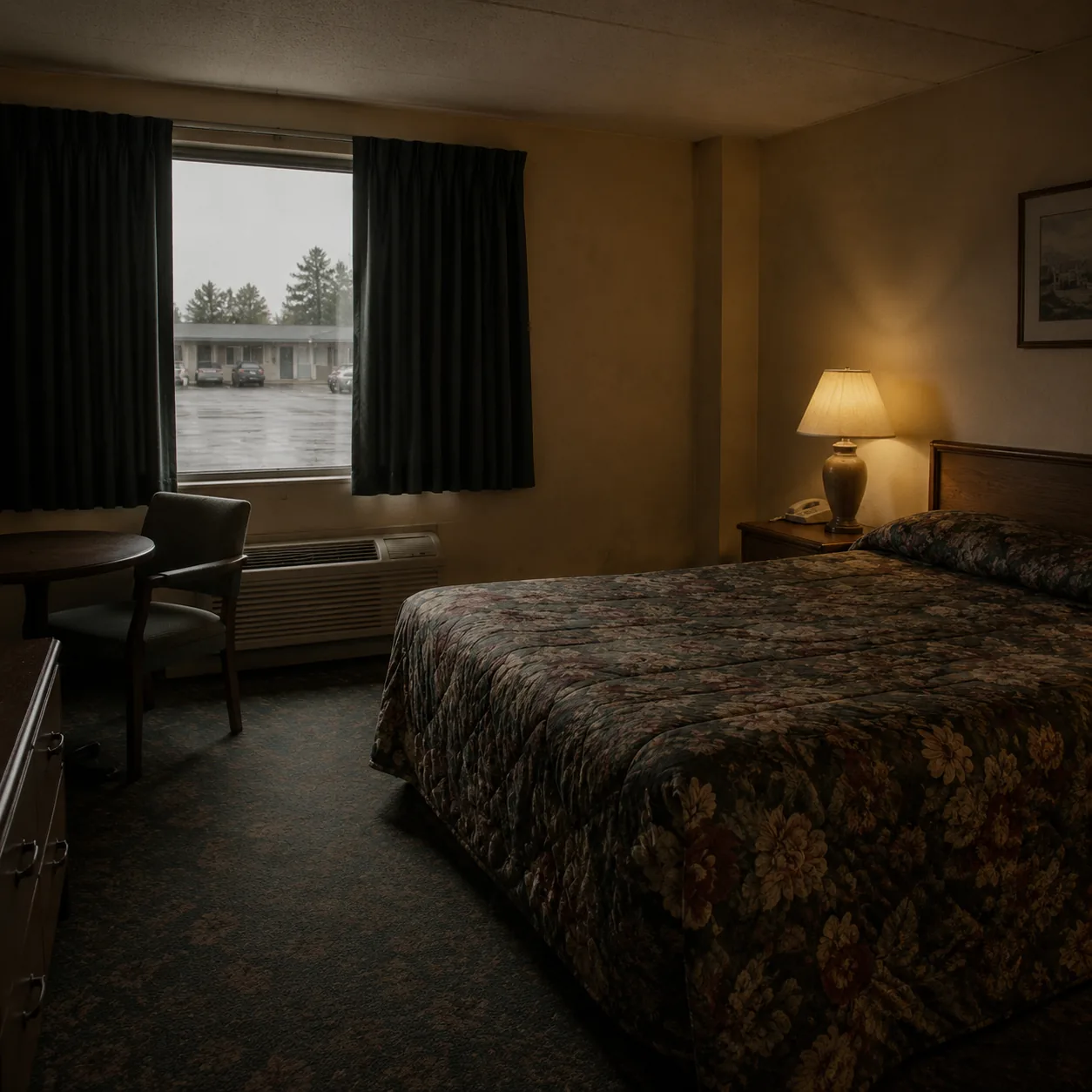 Budget motel room interior with sagging bed, stained carpet, flickering bedside lamp, heavy blackout curtains half open 