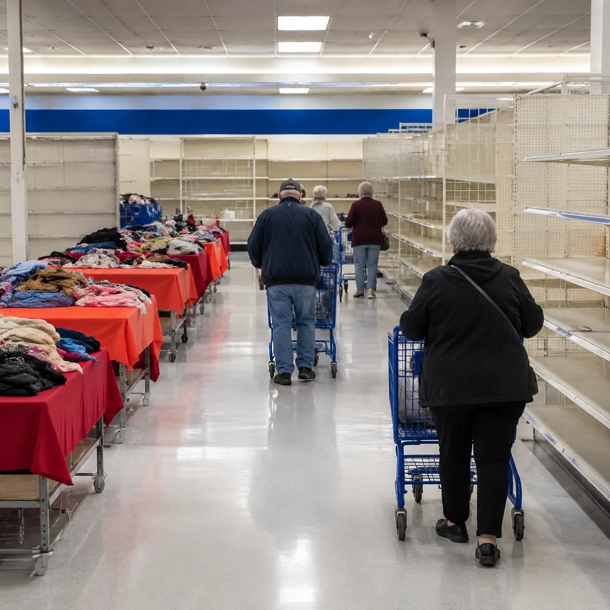 Discount retail store with mostly bare shelves, clearance tables, and older shoppers pushing carts through a wide aisle