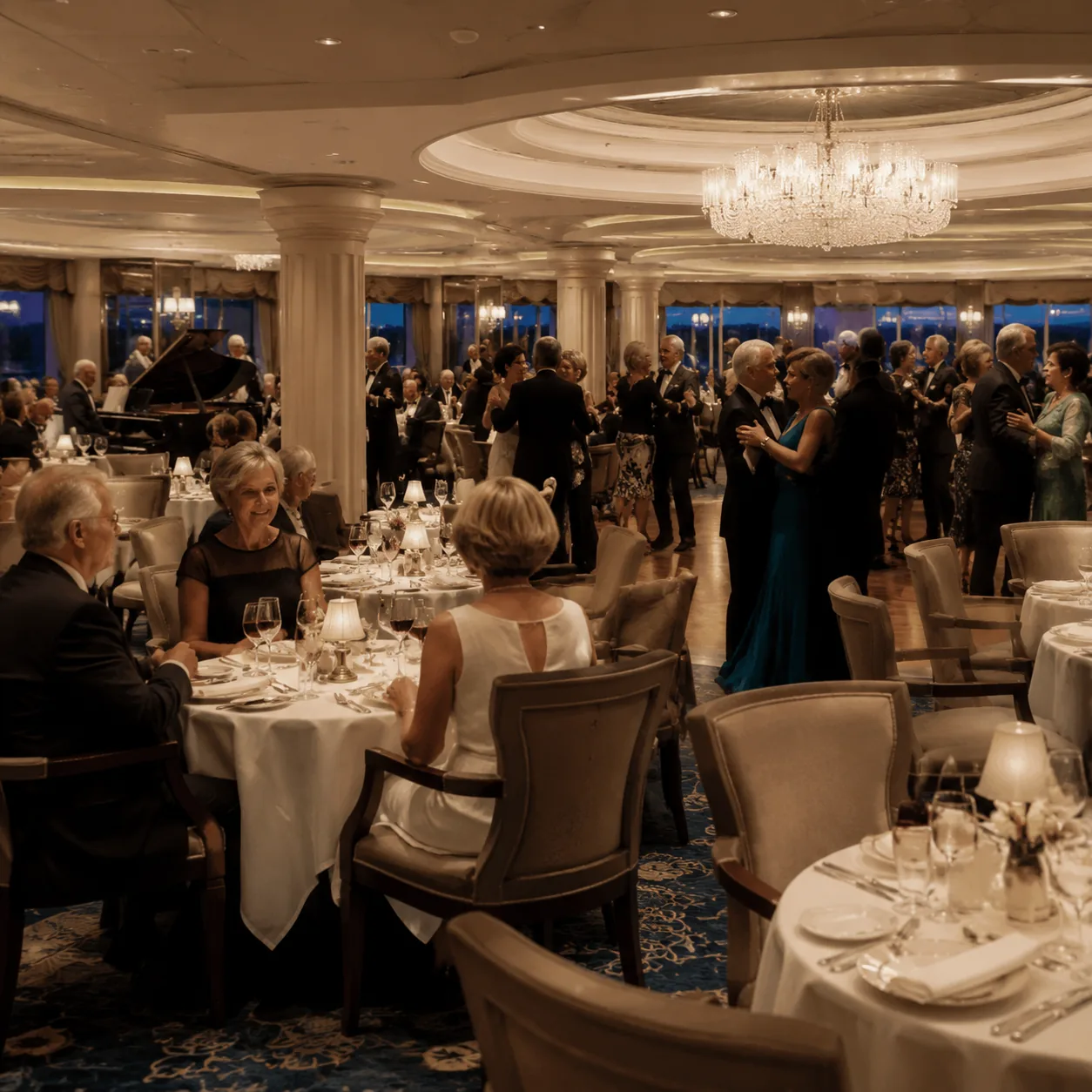 Elegant cruise ship ballroom with mature passengers in evening wear, tables set neatly but a few empty spaces visible