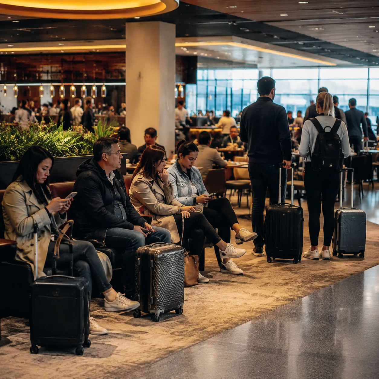 Modern airport lounge dining area with travelers waiting for tables, carry-on bags beside them, warm lighting and busy s