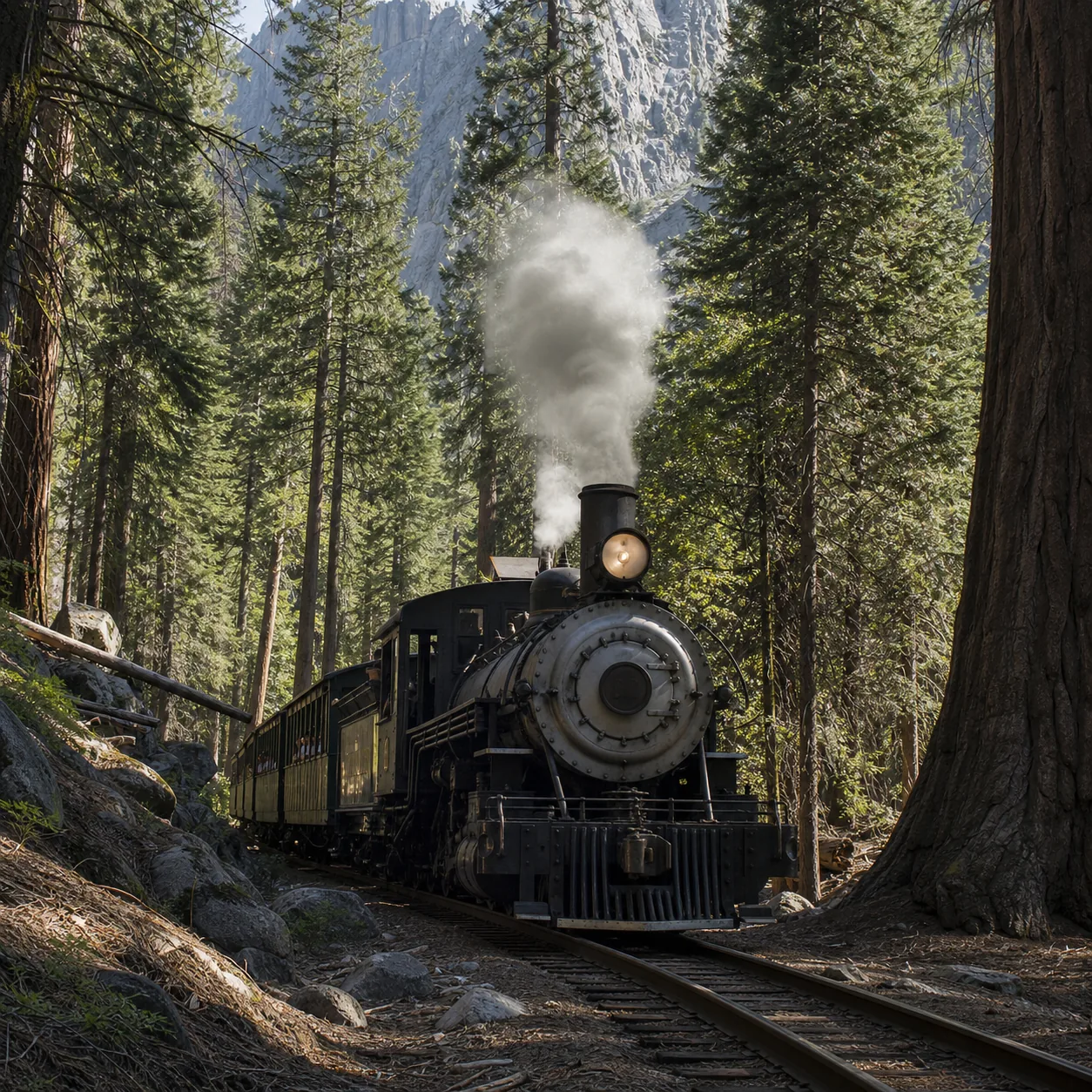 Realistic editorial photo of a narrow gauge steam train moving through Sierra Nevada pine forest near Yosemite with tall