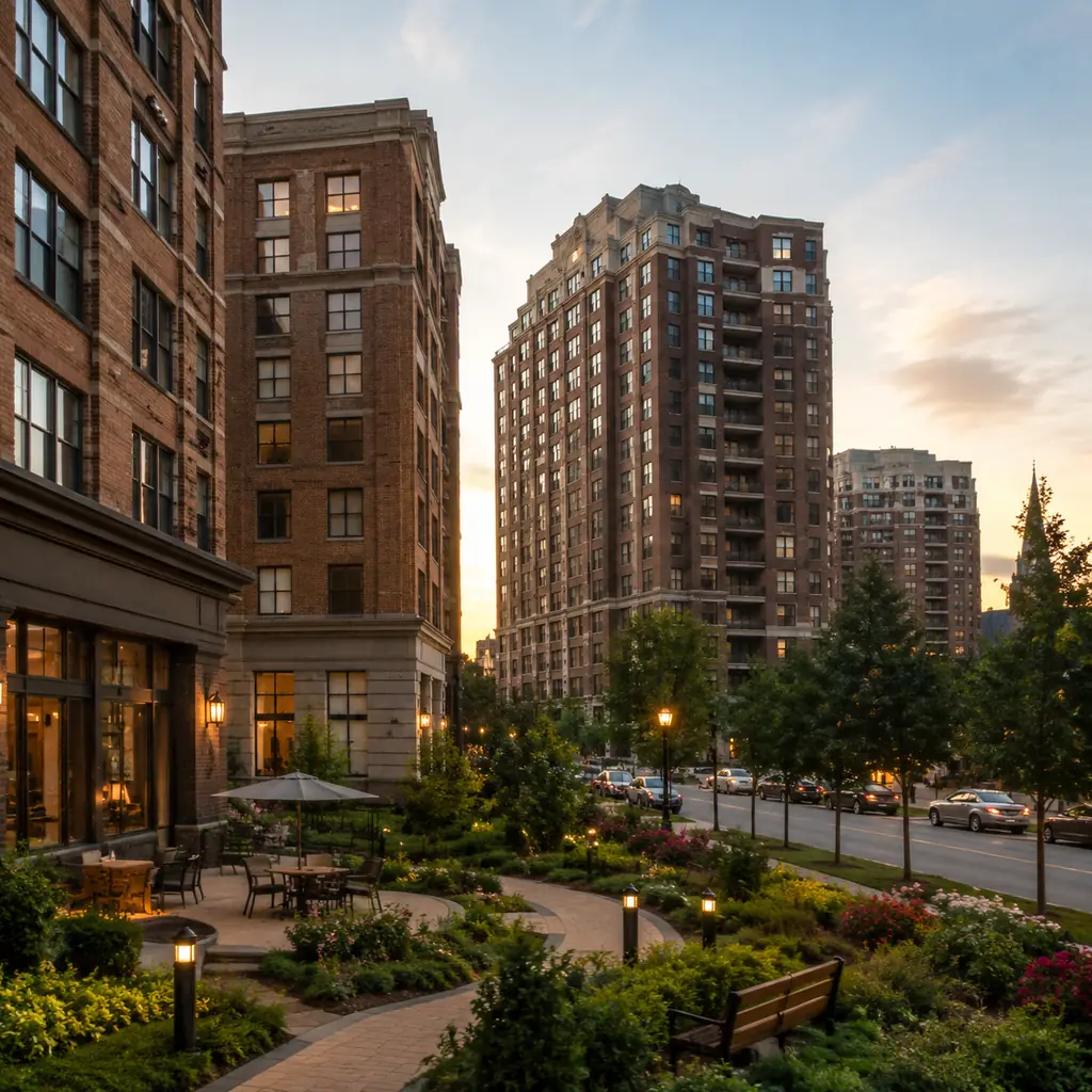 Realistic editorial photo of an urban Ohio retirement community with mid-rise brick towers, city street, small courtyard