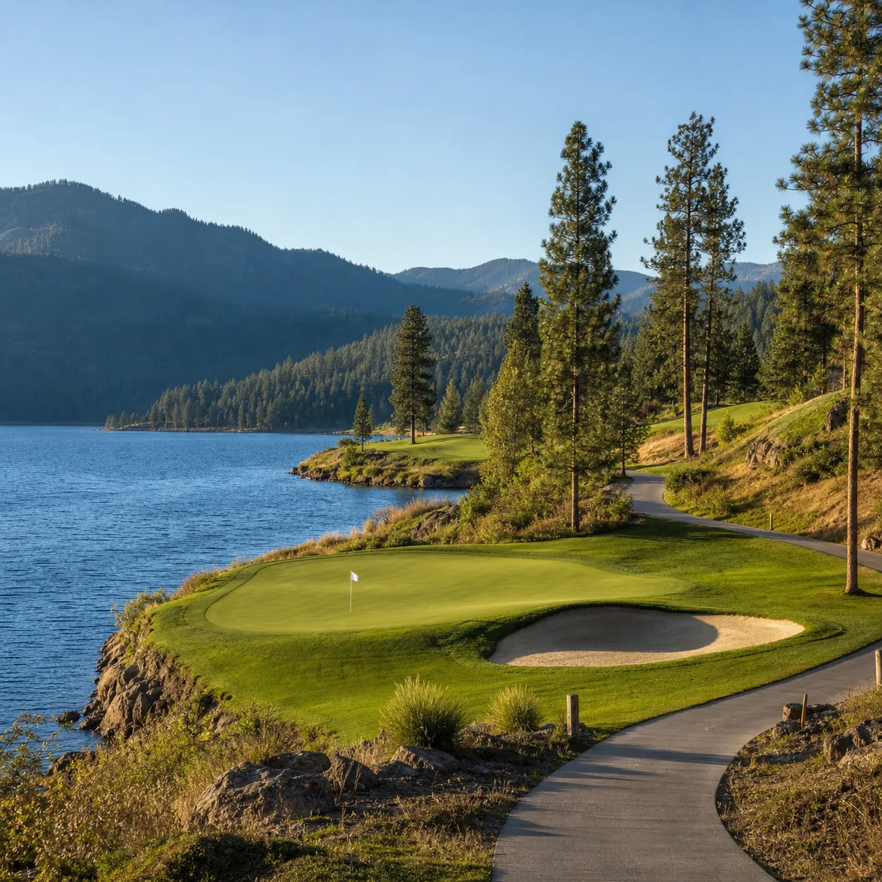 Realistic editorial photo of a lakefront resort golf hole in Idaho with a green near blue water, pine-covered hills, gol