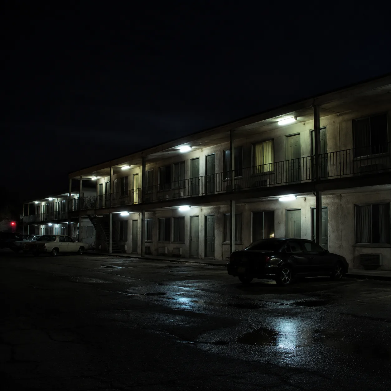Rundown two-story budget motel exterior at night, exterior corridor walkways with flickering fluorescent tubes, a few ca