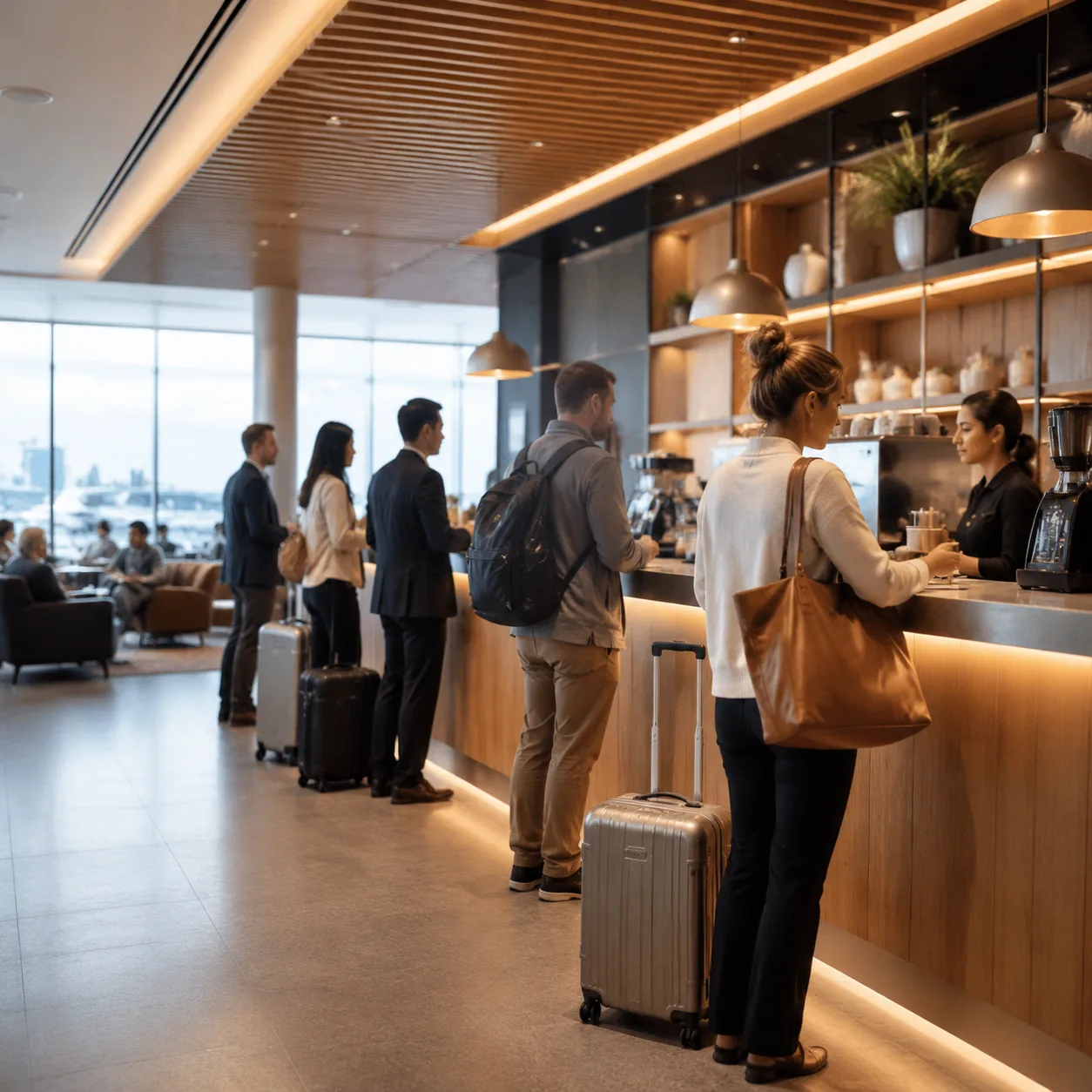Stylish modern airport lounge coffee bar with travelers queuing and carry-on luggage, bright warm lighting