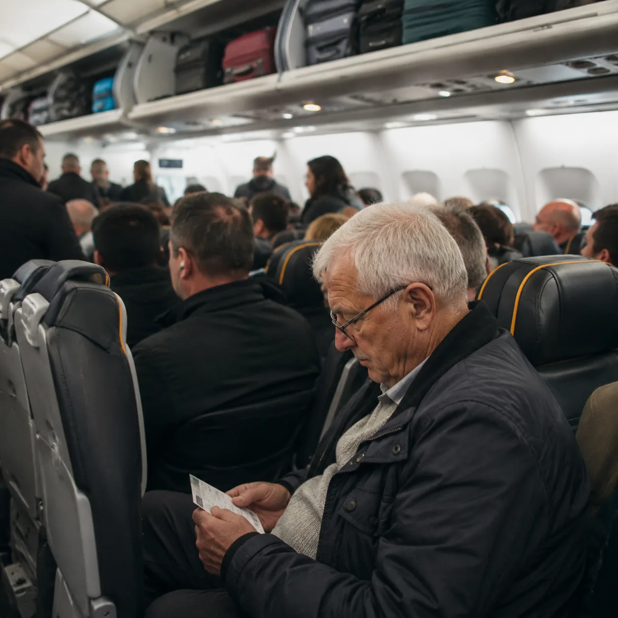 Crowded budget airline cabin with cramped seats, older traveler looking down at a boarding pass while overhead bins are 