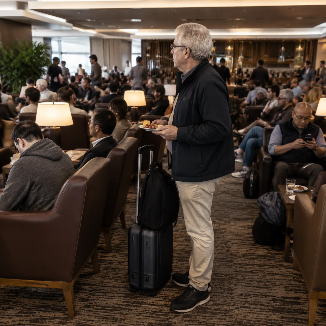 Crowded independent airport lounge with every seat taken, older traveler standing beside carry-on luggage holding a smal