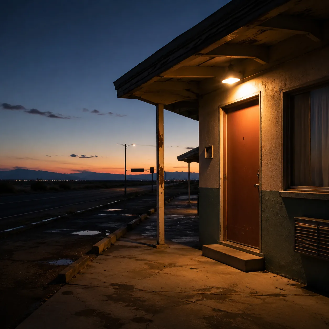 Iconic American roadside motel at twilight, single glowing porch light over a scuffed room door, faded paint and cracked