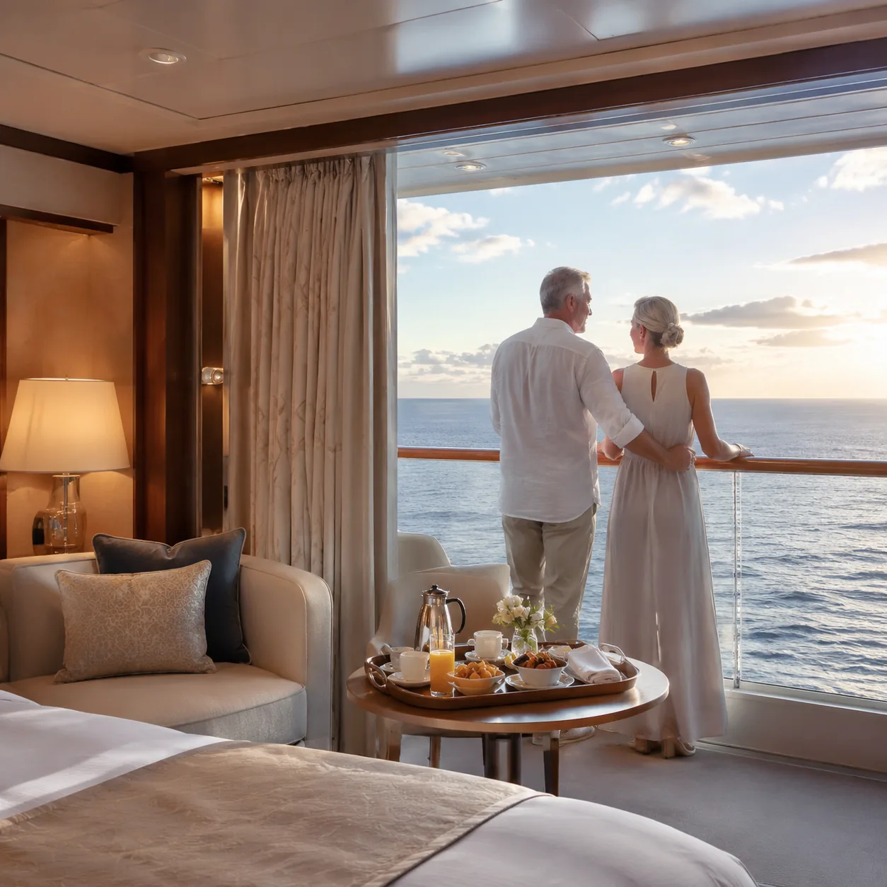 Luxury cruise suite balcony with mature couple looking over calm ocean, room service tray on small table, elegant neutra