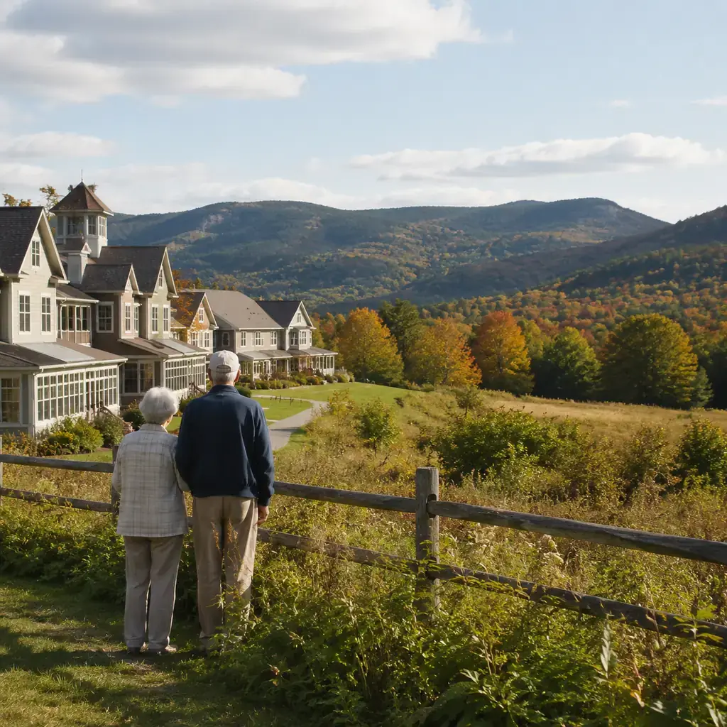 Realistic editorial photo of a retirement community with traditional New England buildings surrounded by Berkshire hills