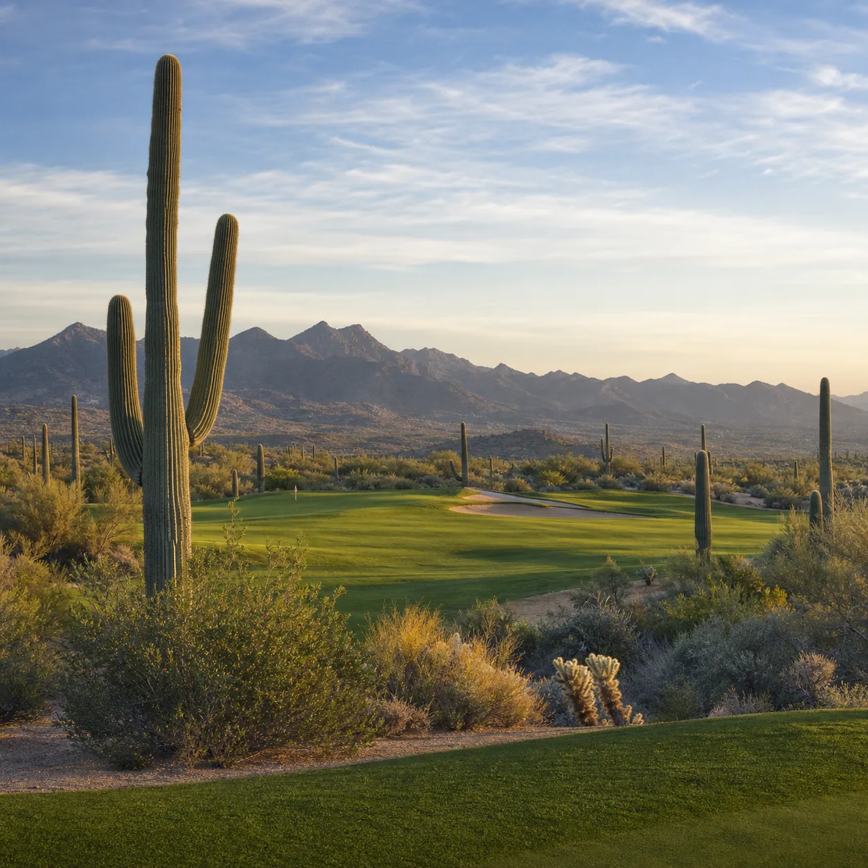 Realistic editorial photo of a Sonoran Desert golf course with saguaros, mountain ridges, open fairway, no houses nearby
